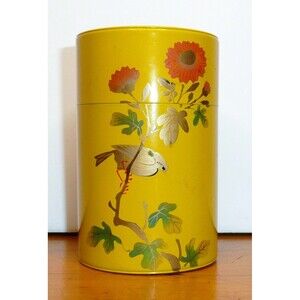 VTG Spice Islands Tea Tin Metal Kitchen Canister JAPAN Mustard Yellow MCM Bird